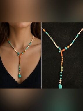 Colorful Beaded lariat  Necklace 30” sterling silver and genuine stones